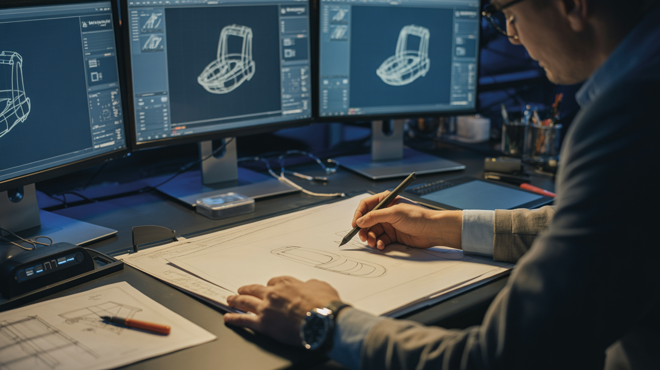 Product design workspace showing CAD and sketching