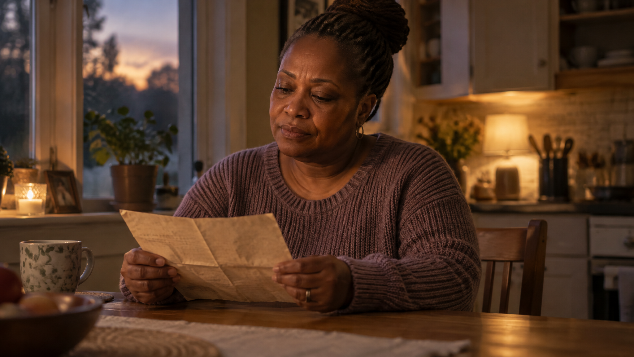 A woman veteran sitting at her kitchen table at dusk holding an old folded separation document