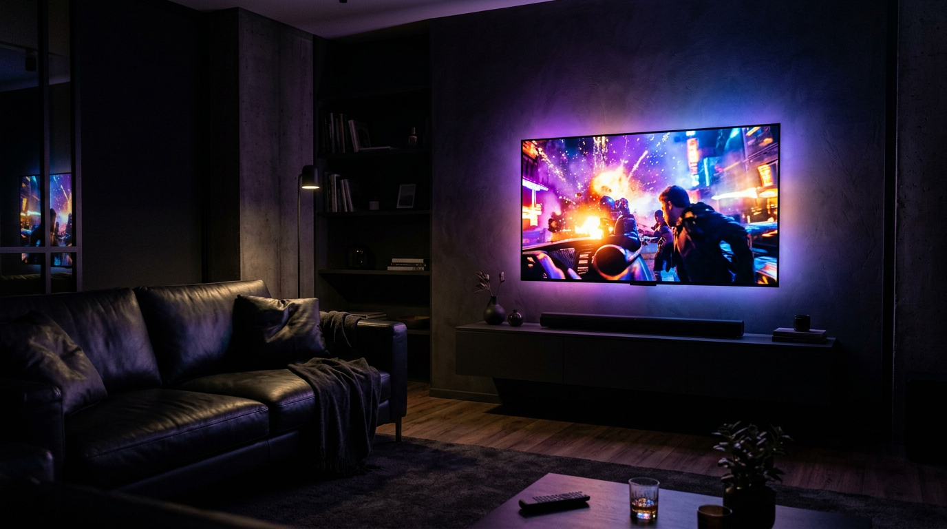 Sala de estar moderna com TV exibindo conteúdo de streaming
