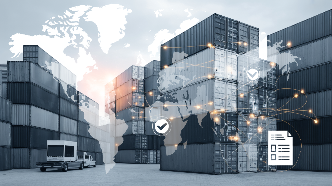 Professional illustration of global shipping containers with compliance symbols and world map overlay representing international logistics regulations