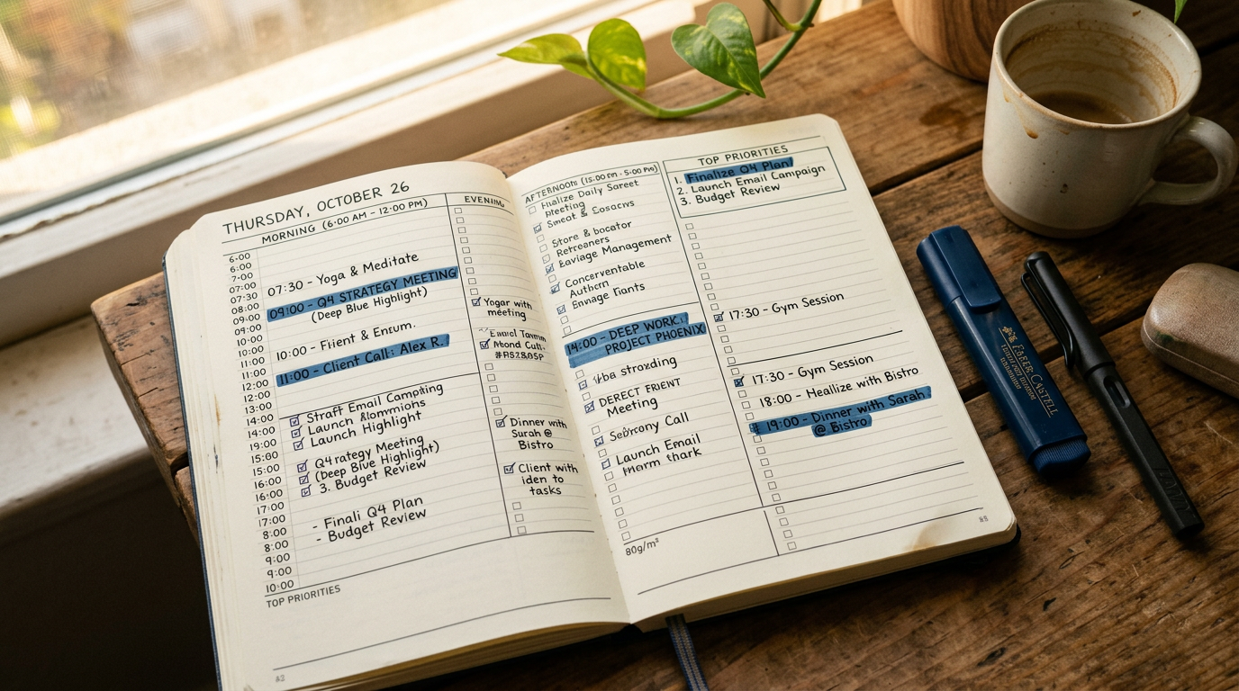 Planner aberto com agenda estruturada representando mapa mental organizado