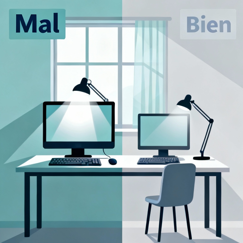 Comparativa de iluminación incorrecta con deslumbramientos frente a iluminación lateral difusa adecuada.
