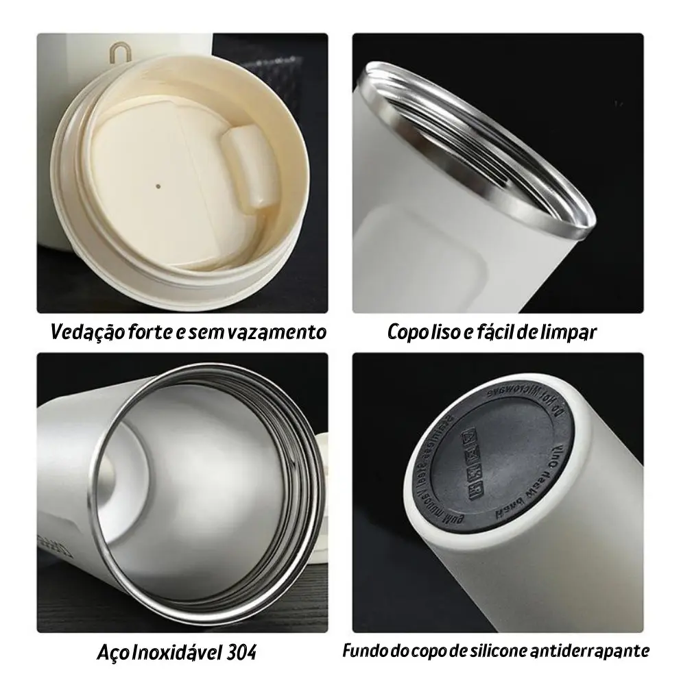 Copo Térmico Café 500ml — detalhe do aço inox 304 e da base antiderrapante