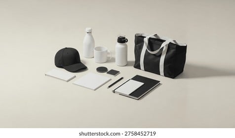 Colorful display of branded shirts, hats, tumblers, mugs, pens, banners, and promotional products