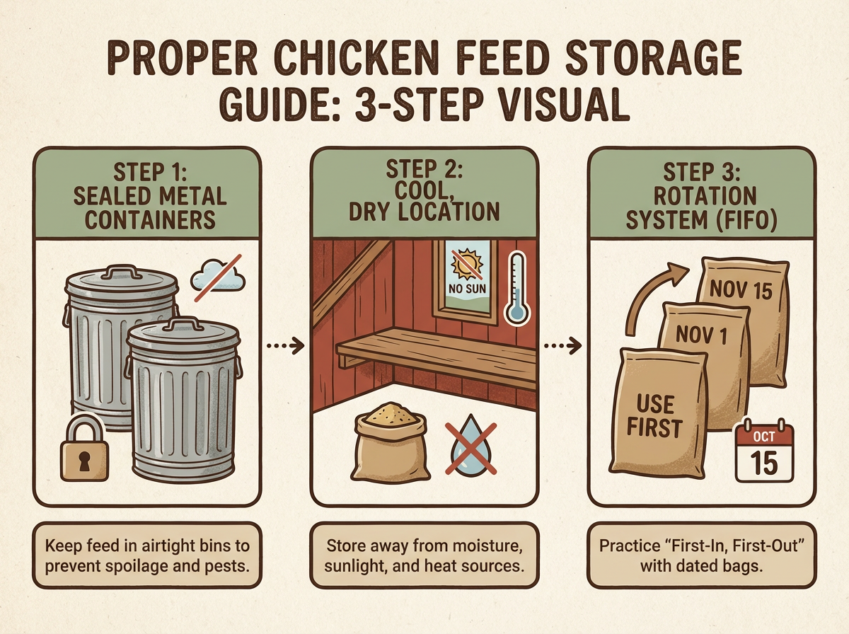 Diagram showing proper poultry feed storage methods: sealed metal containers, cool dry location, and rotation system