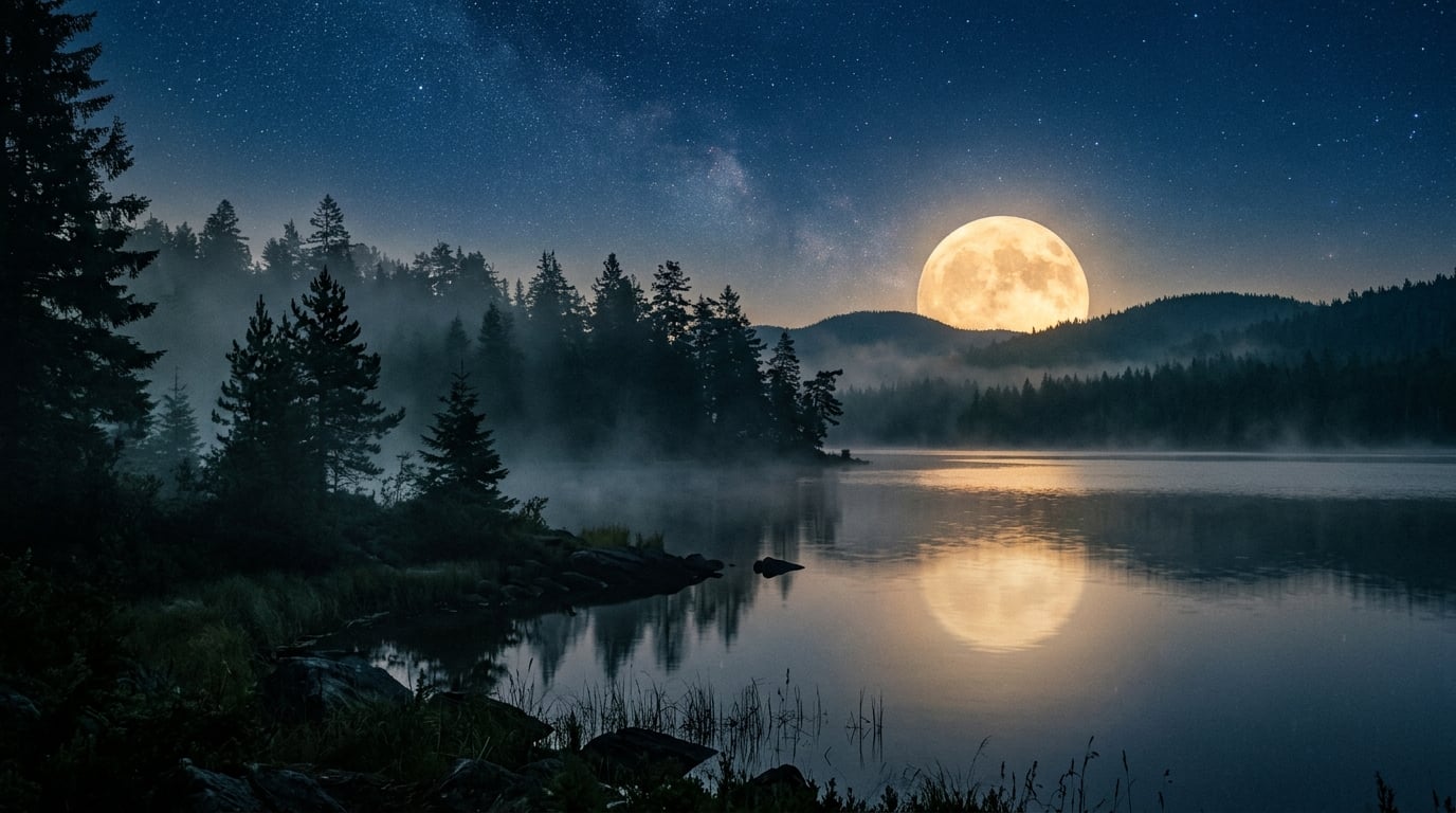 Full moon over a serene natural landscape with misty atmosphere