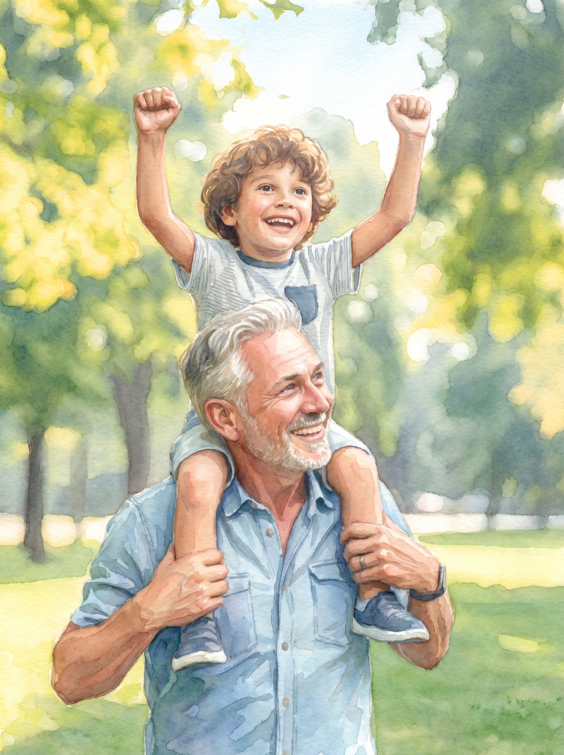 Finished Watercolor portrait - Grandfather and grandson in soft flowing washes