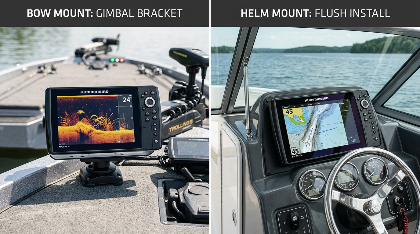 Split view comparing a Humminbird XPLORE 12 mounted at the boat bow near a trolling motor and mounted at the helm console