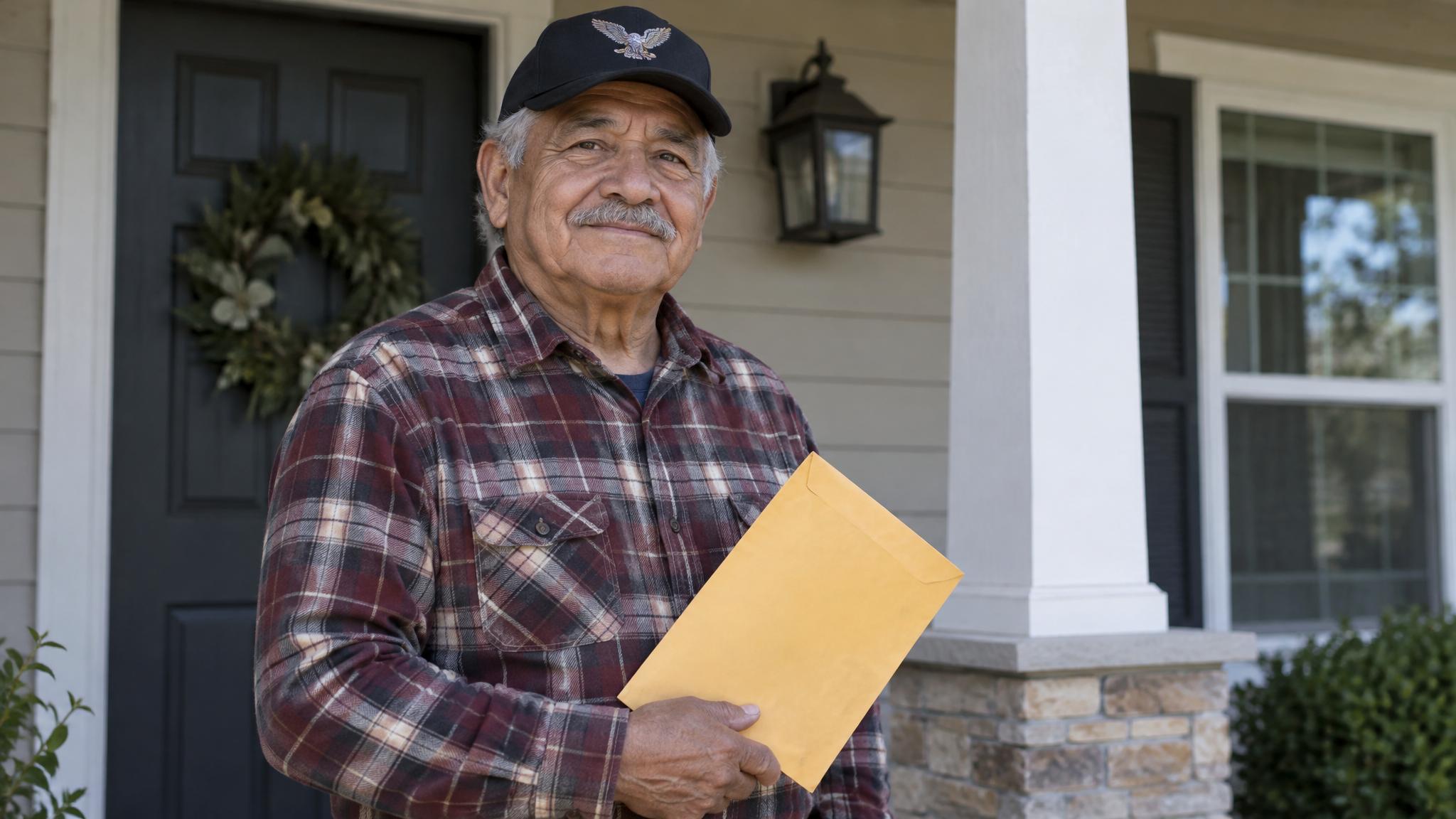 An older veteran in his veteran cap on his front porch holding a large envelope