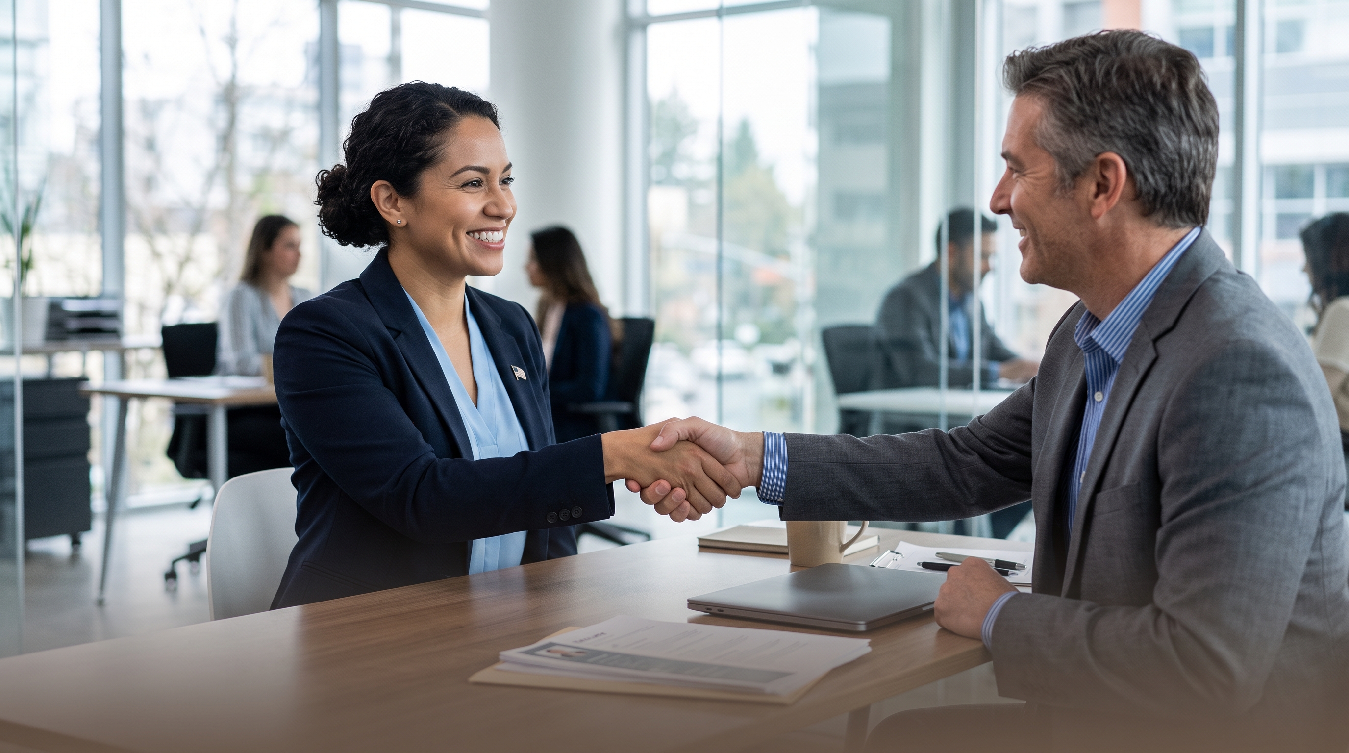 A veteran shaking hands with a hiring manager in a job interview