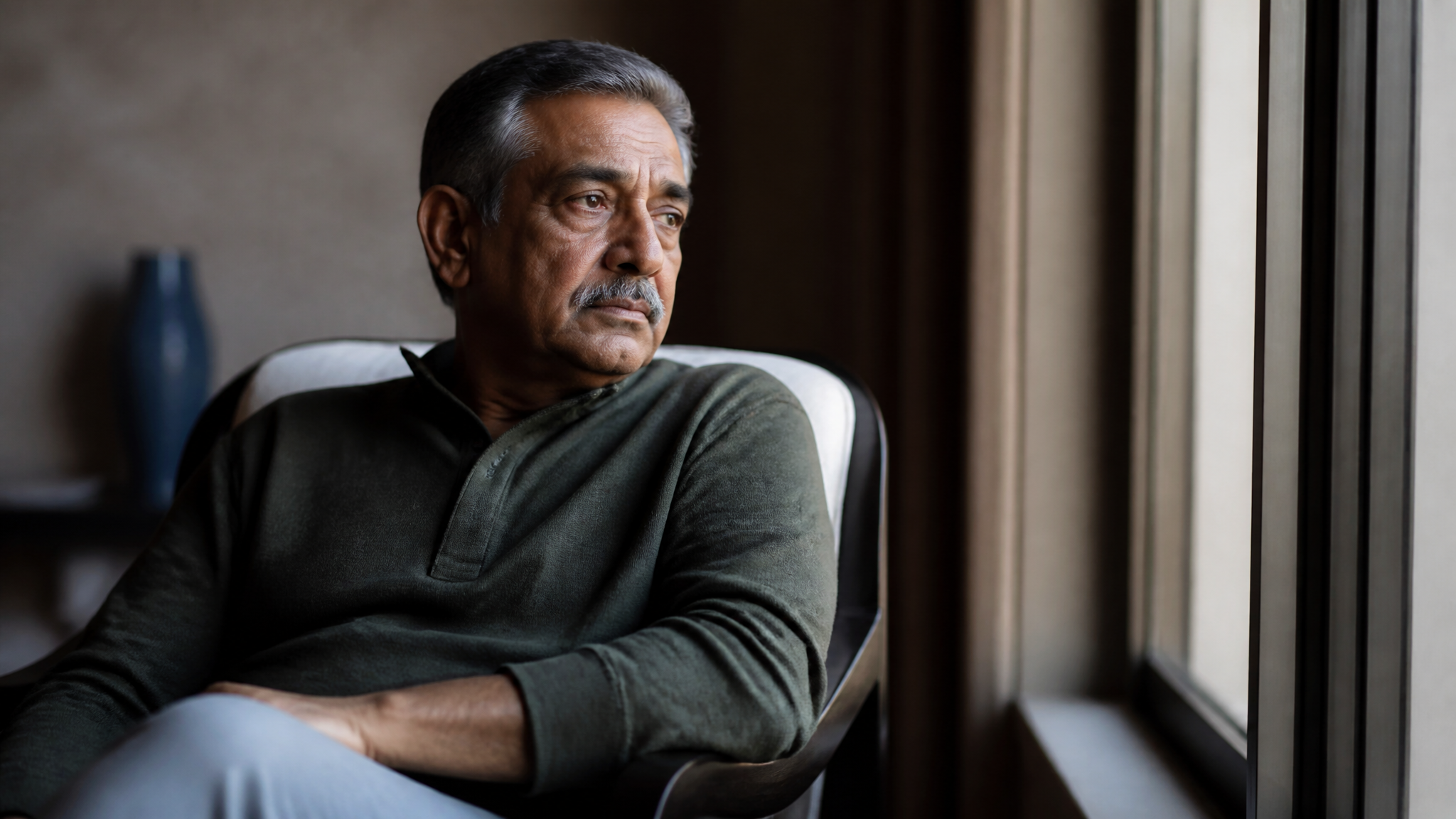 South Asian male veteran sitting alone by a window looking withdrawn and depressed