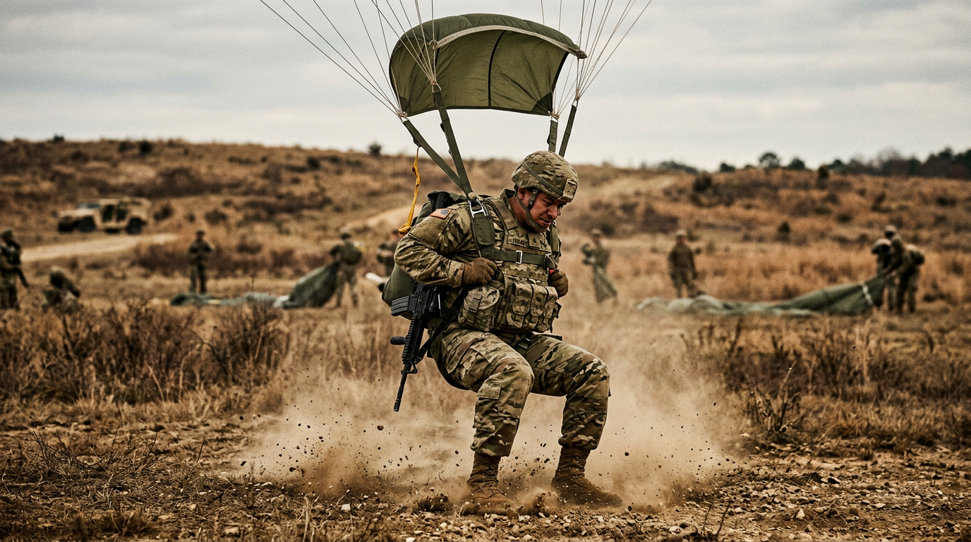 A paratrooper making a hard parachute landing impact, boots striking the ground, absorbing the axial compression force