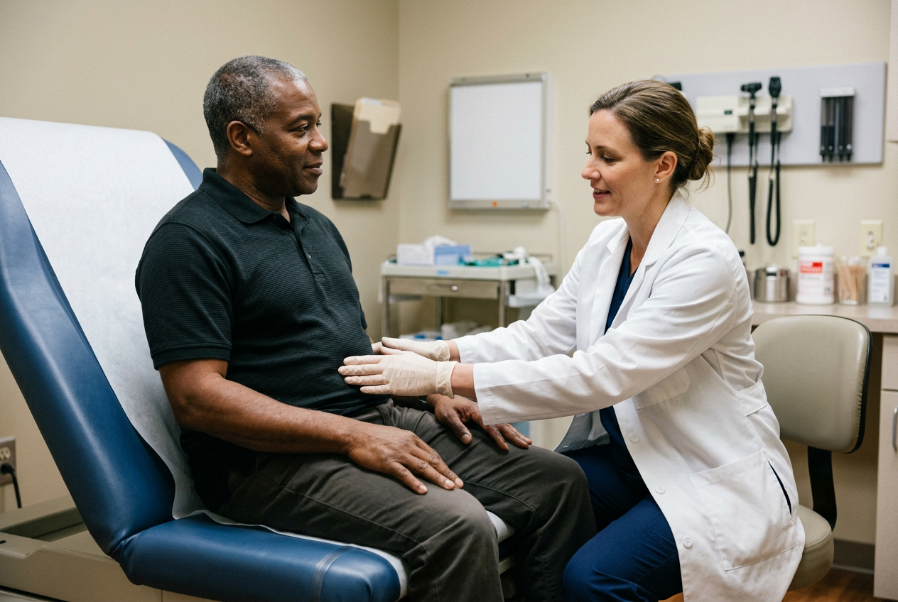 Black male veteran in his 50s being examined by a white female gastroenterologist pressing on his abdomen in a clinical examination room