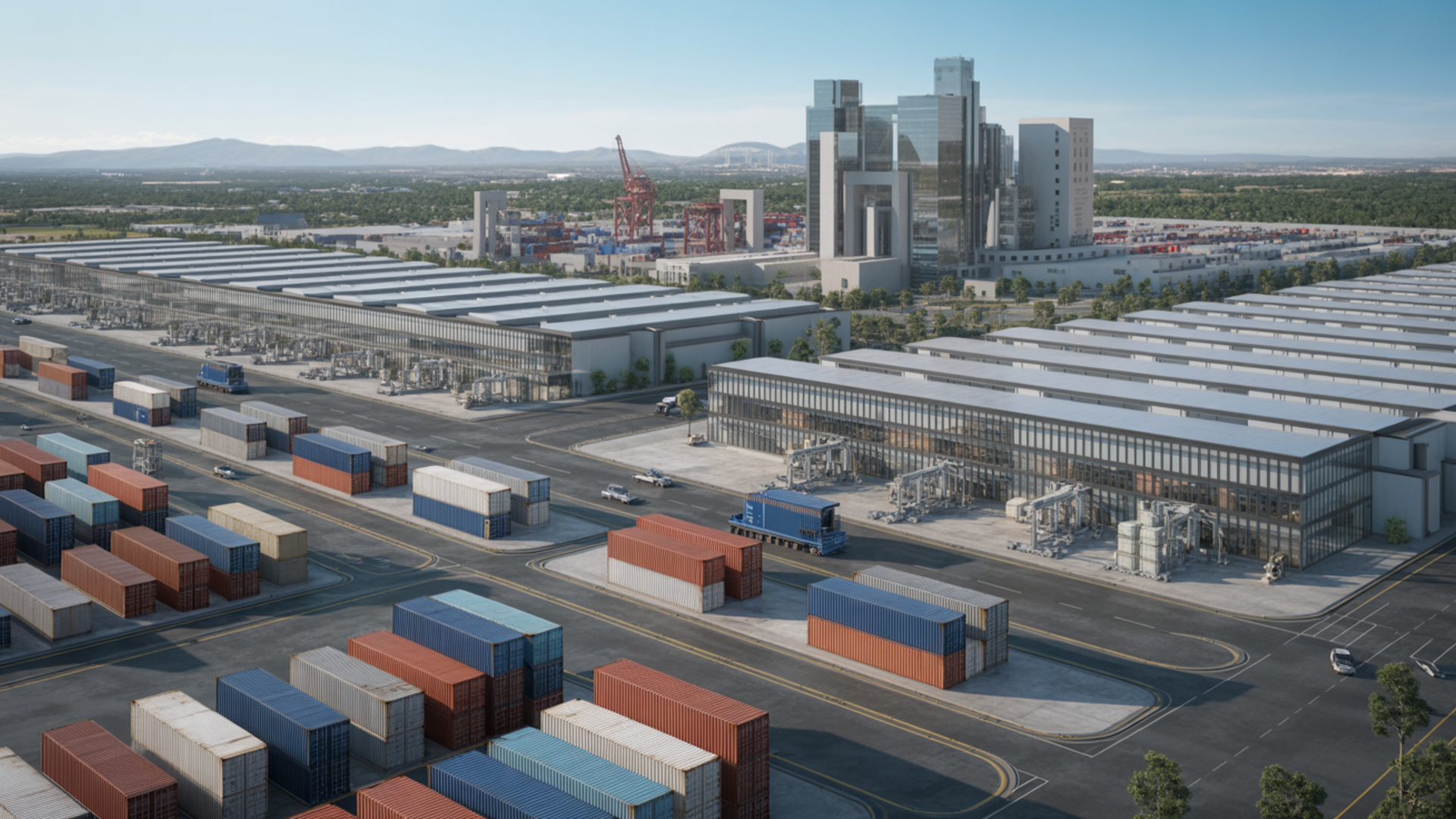 Modern industrial manufacturing facility in Mexico with shipping containers, representing the nearshoring boom and Mexico's emergence as a manufacturing powerhouse for North American supply chains