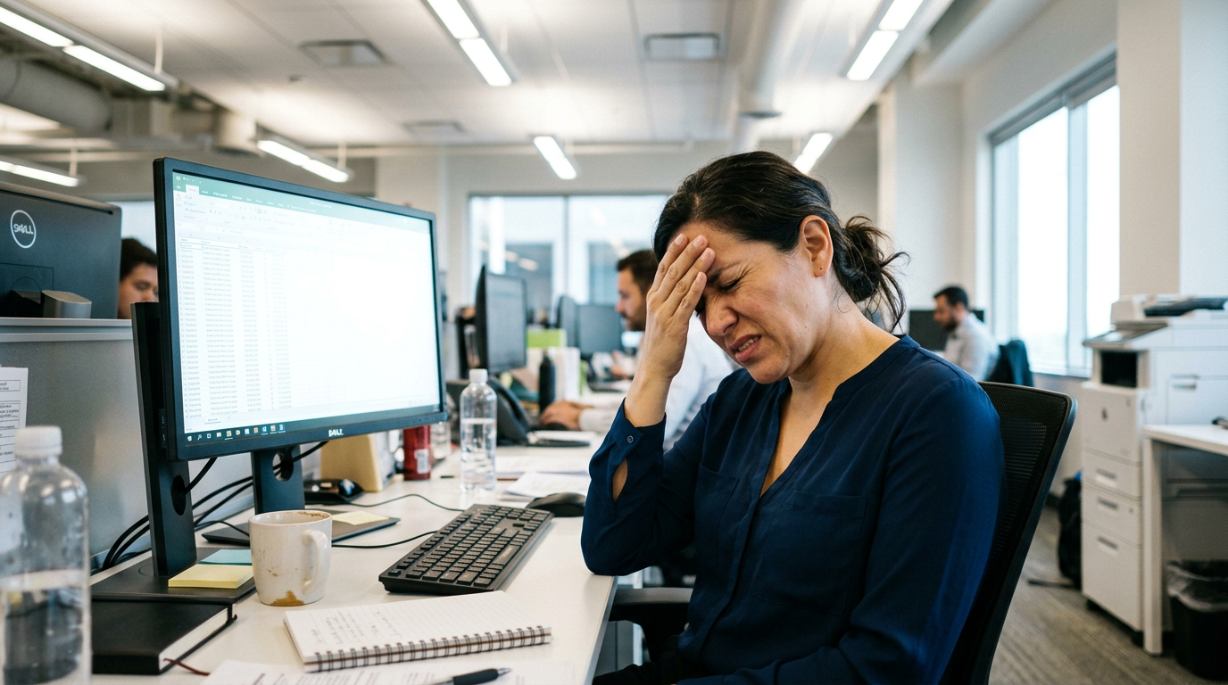 Photograph of a worker at a desk shielding her eyes from bright light during a headache