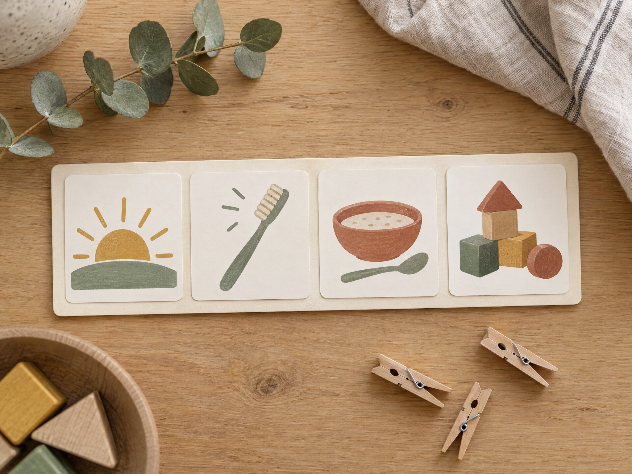 Picture routine cards showing wake up, brushing teeth, eating and play