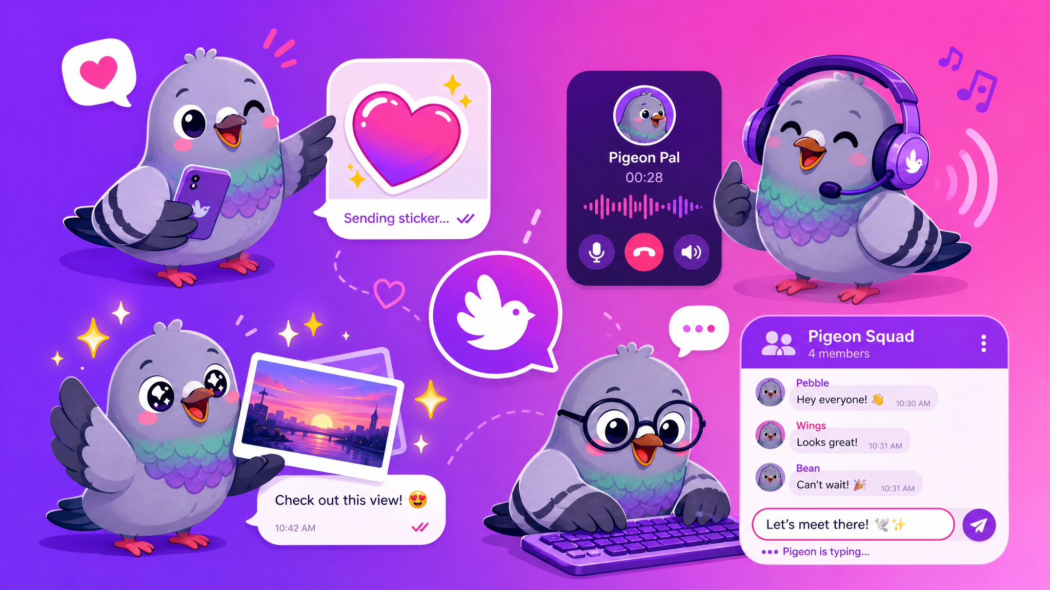 Group of chibi pigeon mascots using PigeonChat features including stickers, voice calls, photo sharing, and group chats