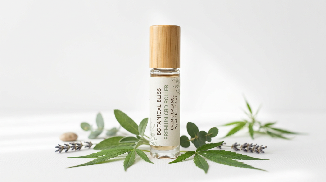 CBD roller bottle with hemp leaves on white background