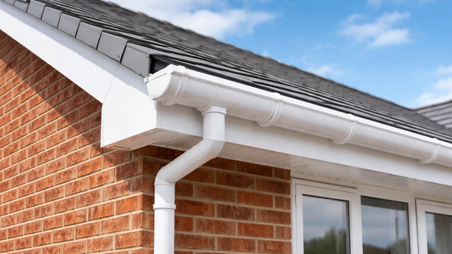 New white uPVC guttering on a British brick house
