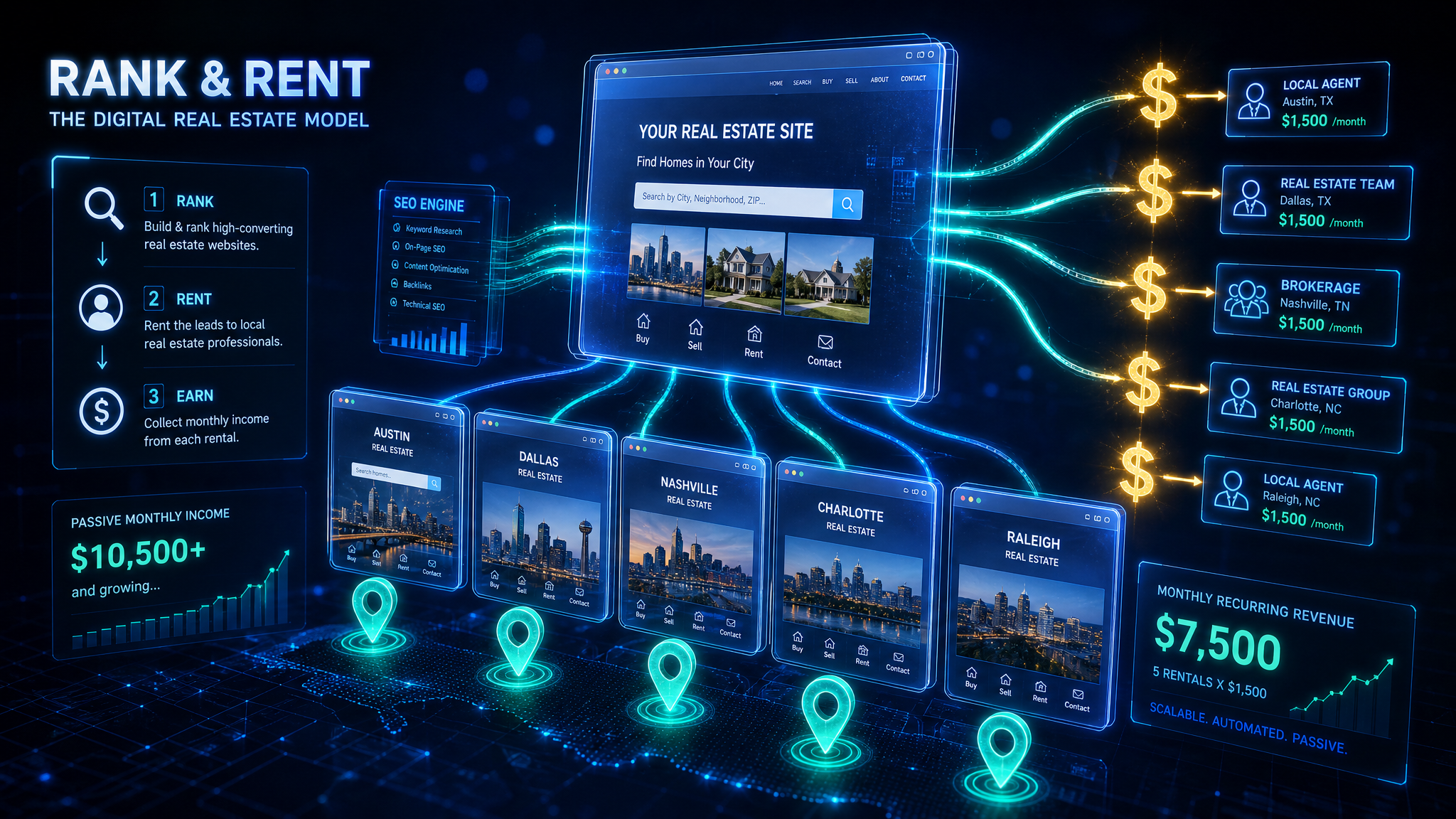 Rank and Rent digital real estate concept showing website wireframes connected to revenue streams and location pins