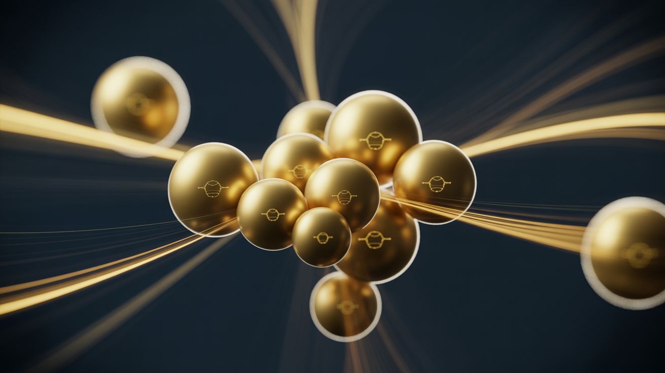 Netzwerk verbundener goldener Knoten als Symbol für koordinierte KI-Agententeams