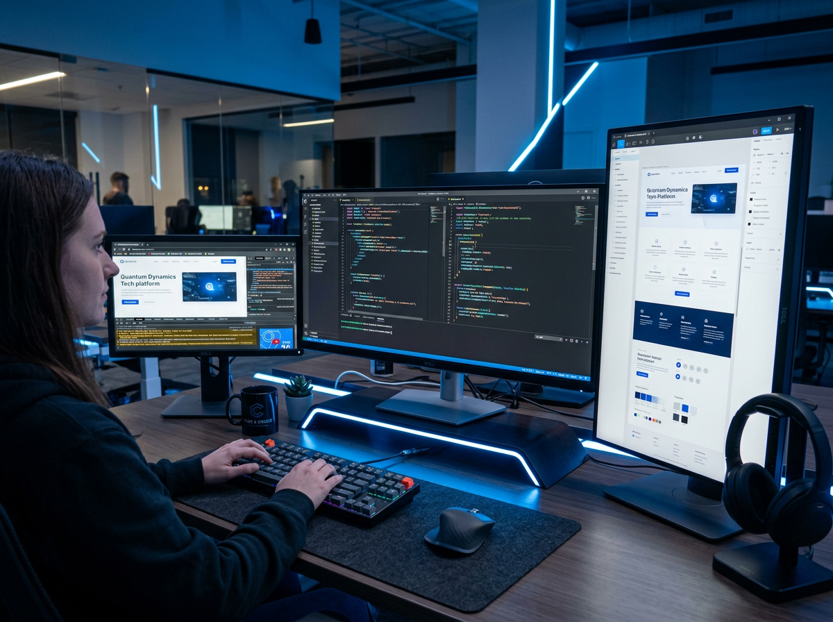 Espacio de trabajo con monitores mostrando código y diseño web