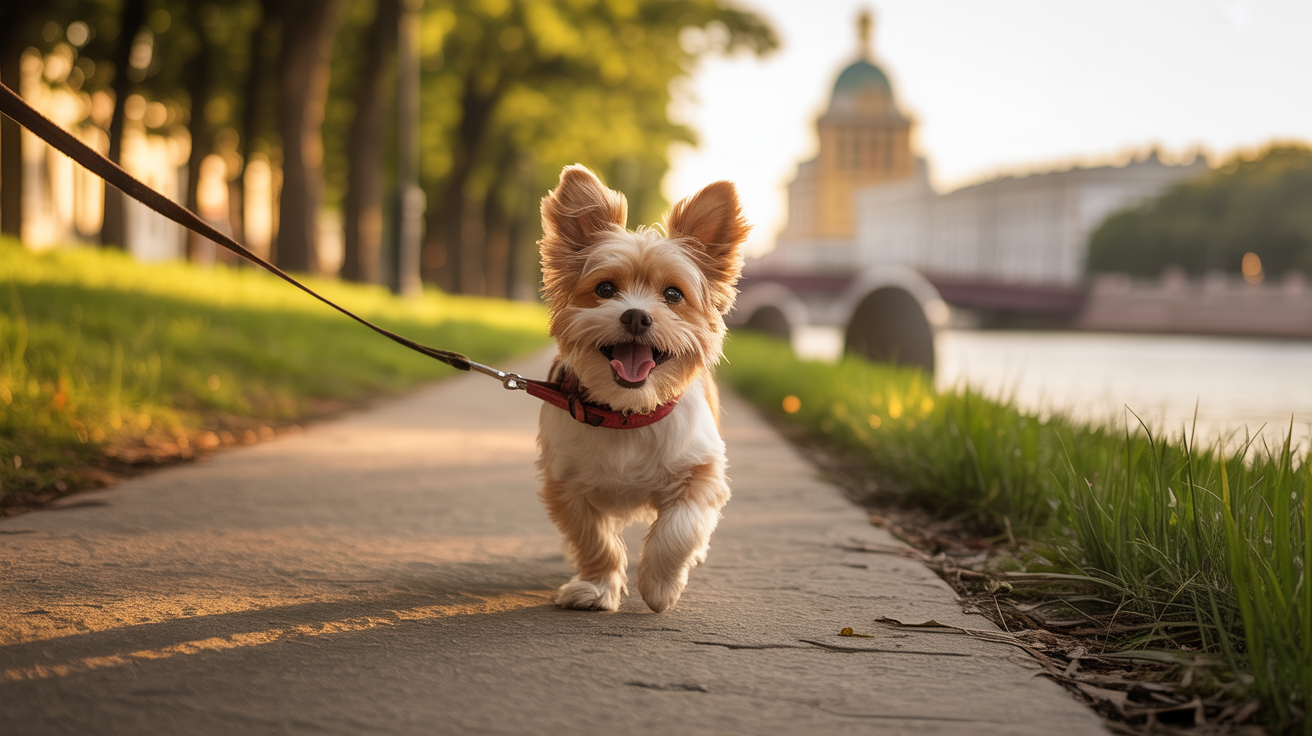 Собака на прогулке в красивом месте на берегу реки