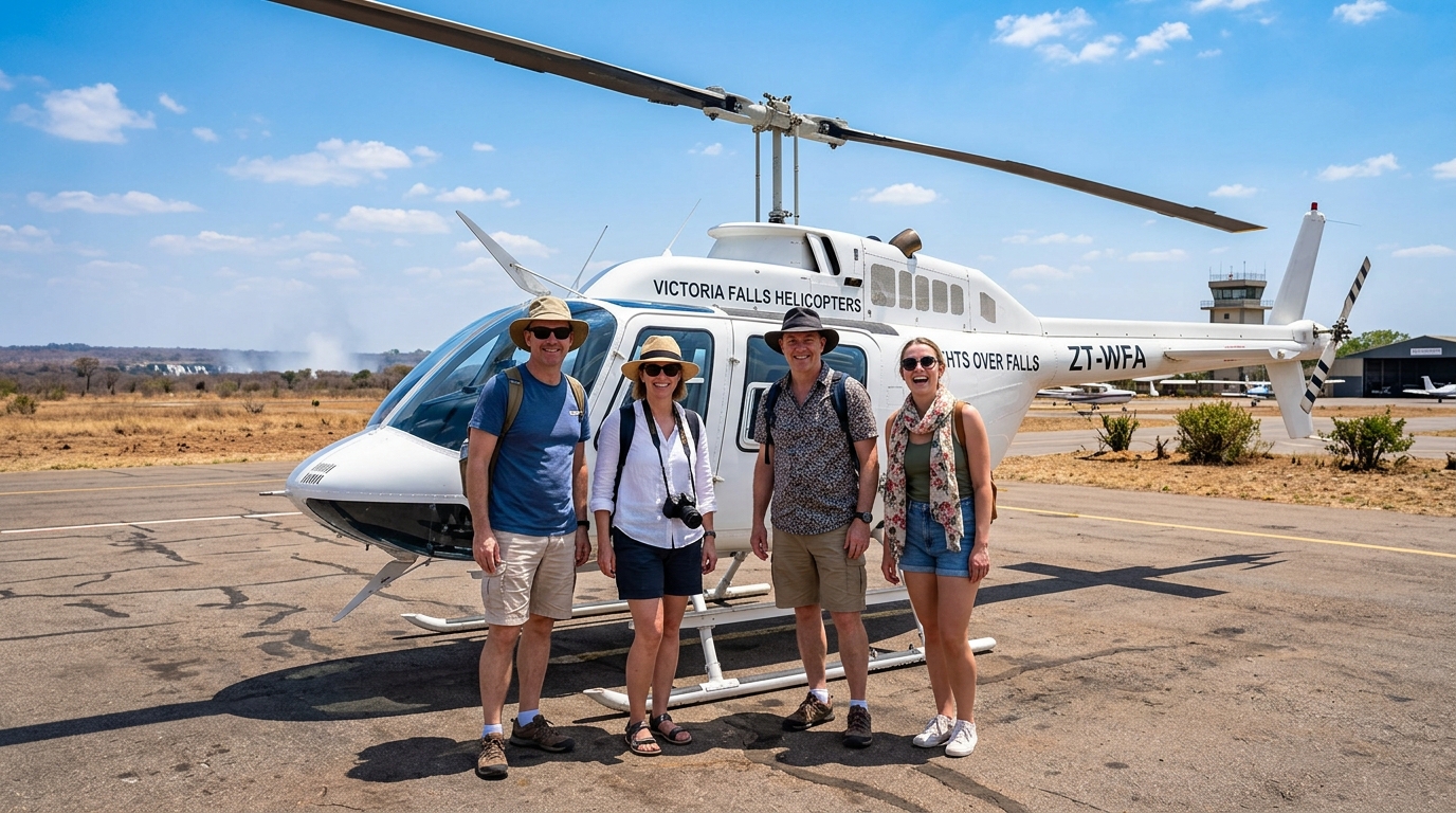 Casually dressed tourists beside a small tour helicopter on a sunny airfield
