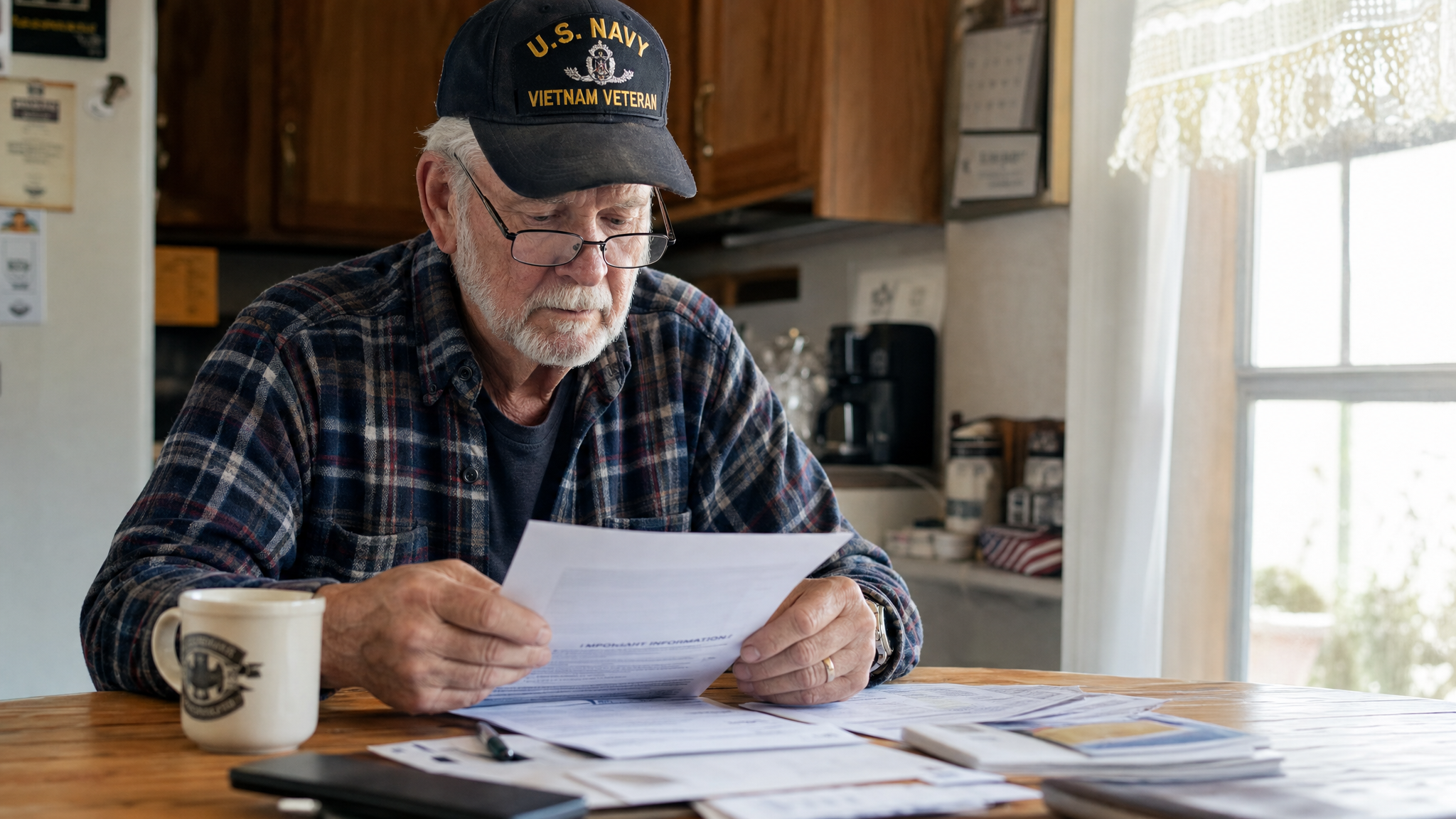 A senior White Vietnam-era veteran in a ball cap reviewing finances at his kitchen table
