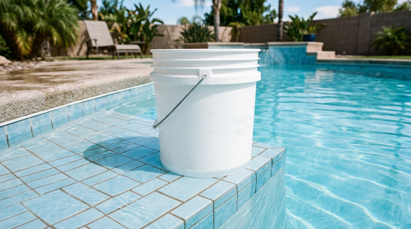 Bucket test for pool leak detection - a white 5-gallon bucket on pool steps