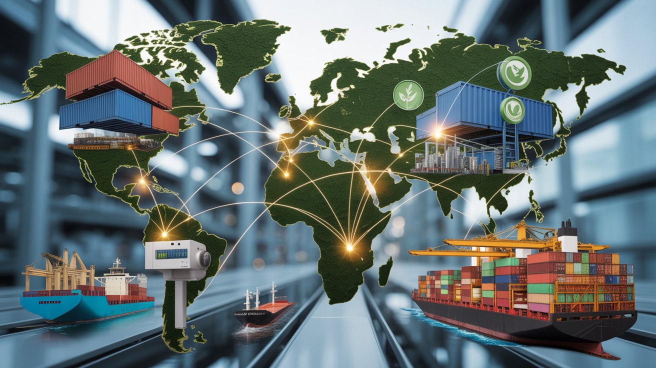 Global supply chain network with green sustainability symbols and industrial trade routes representing EU environmental compliance regulations CSRD CBAM and ESPR