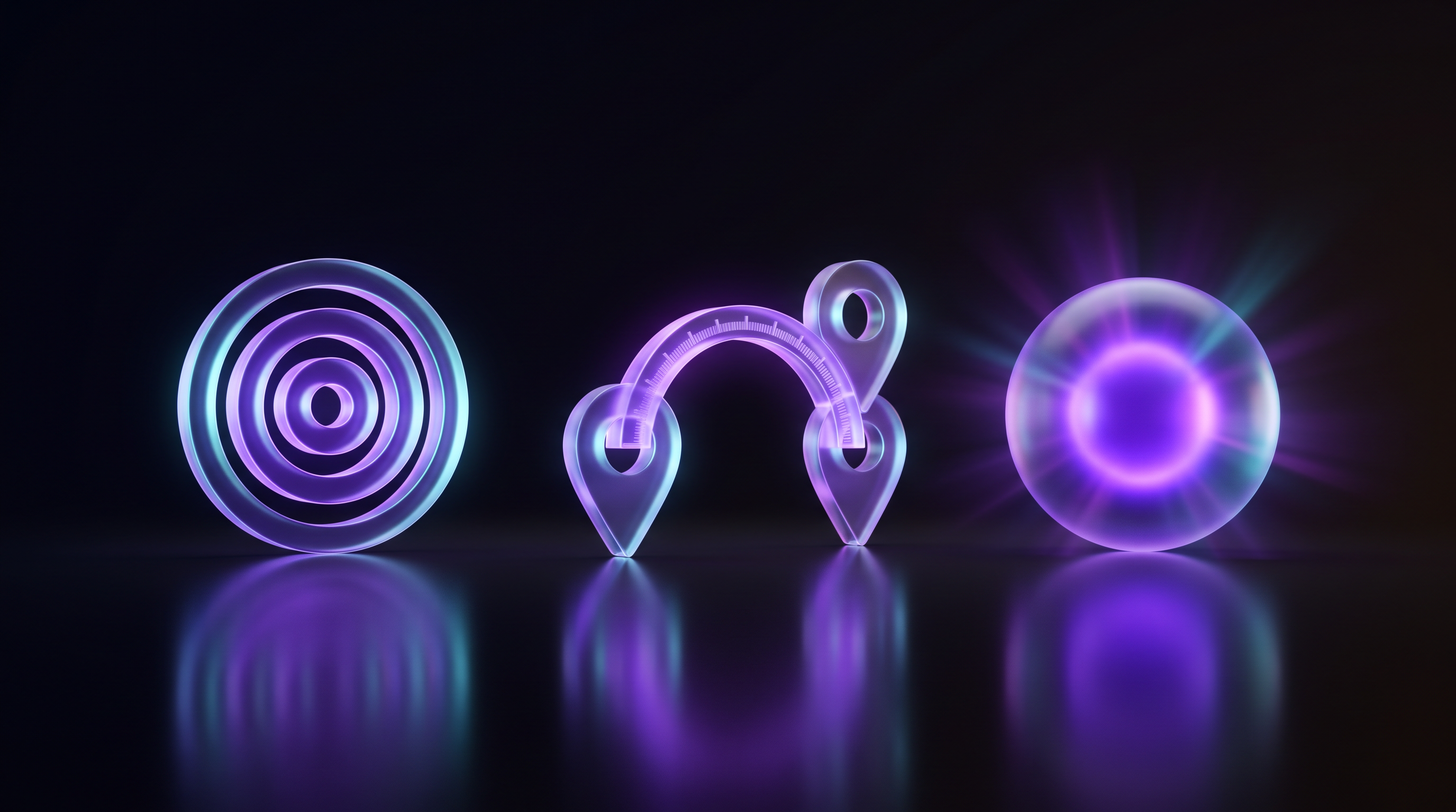 Three glowing glass objects side by side on a reflective dark surface — a set of concentric target rings, a pair of joined map pins, and a bright glowing sphere