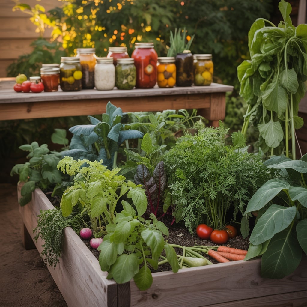 Bountiful raised garden bed with organic vegetables and preserving jars on a wooden shelf
