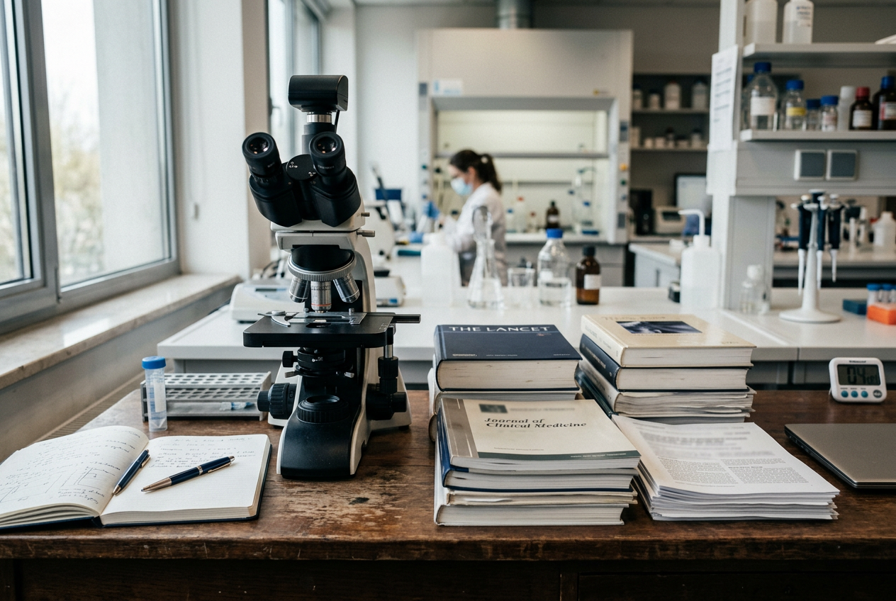 A laboratory microscope beside clinical research papers, representing evidence-based medicine