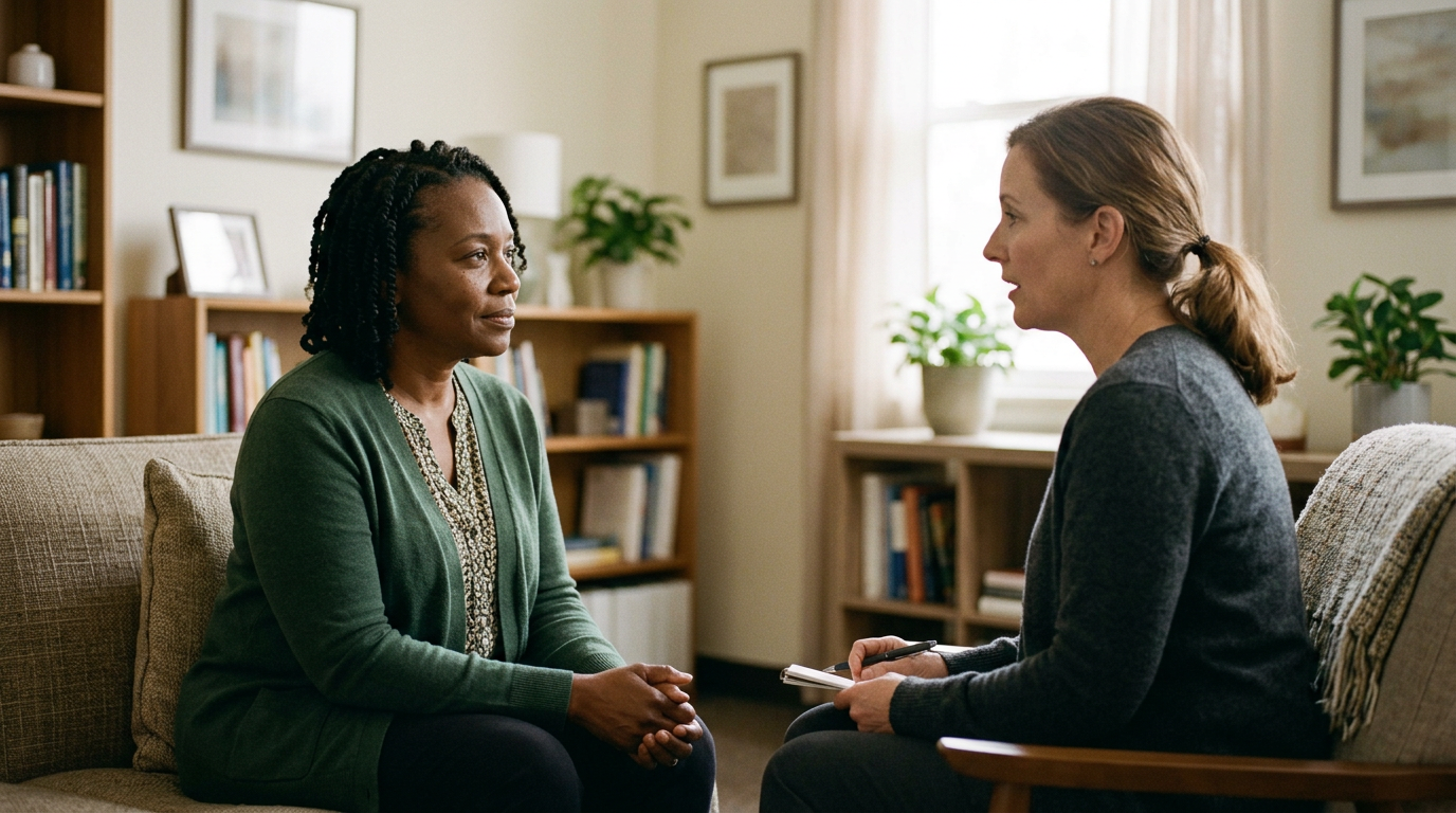 A woman veteran speaking privately with a female clinician