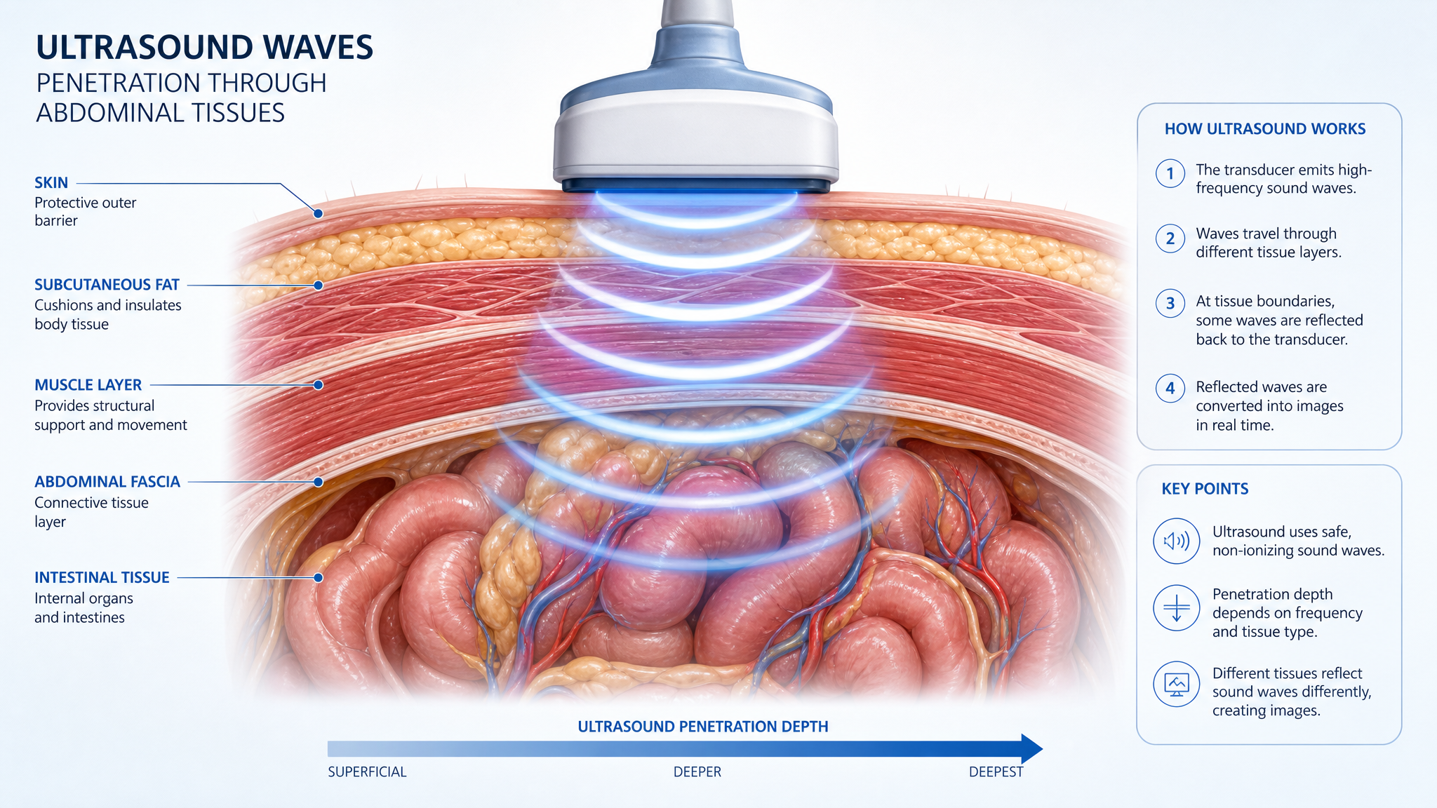 Illustration des ondes ultrasoniques GutTarget pénétrant les tissus abdominaux