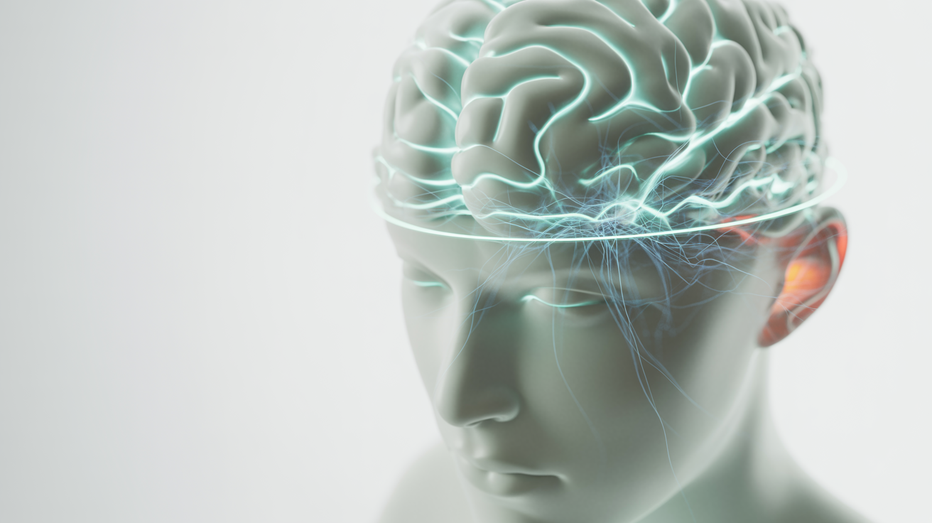 Abstract visualization of brain-computer interface with EEG wave patterns and neural synchronization