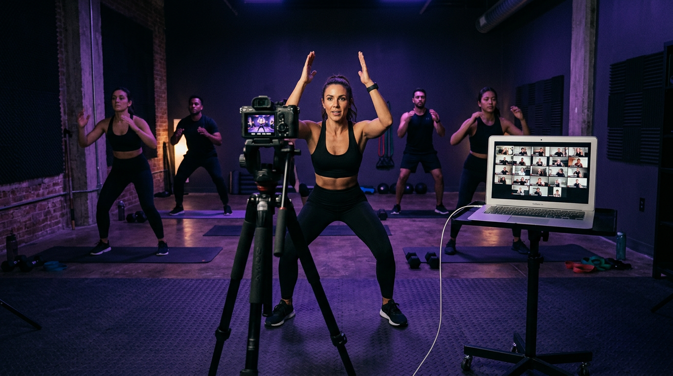 Instructor leading an in-studio class while streaming to remote members