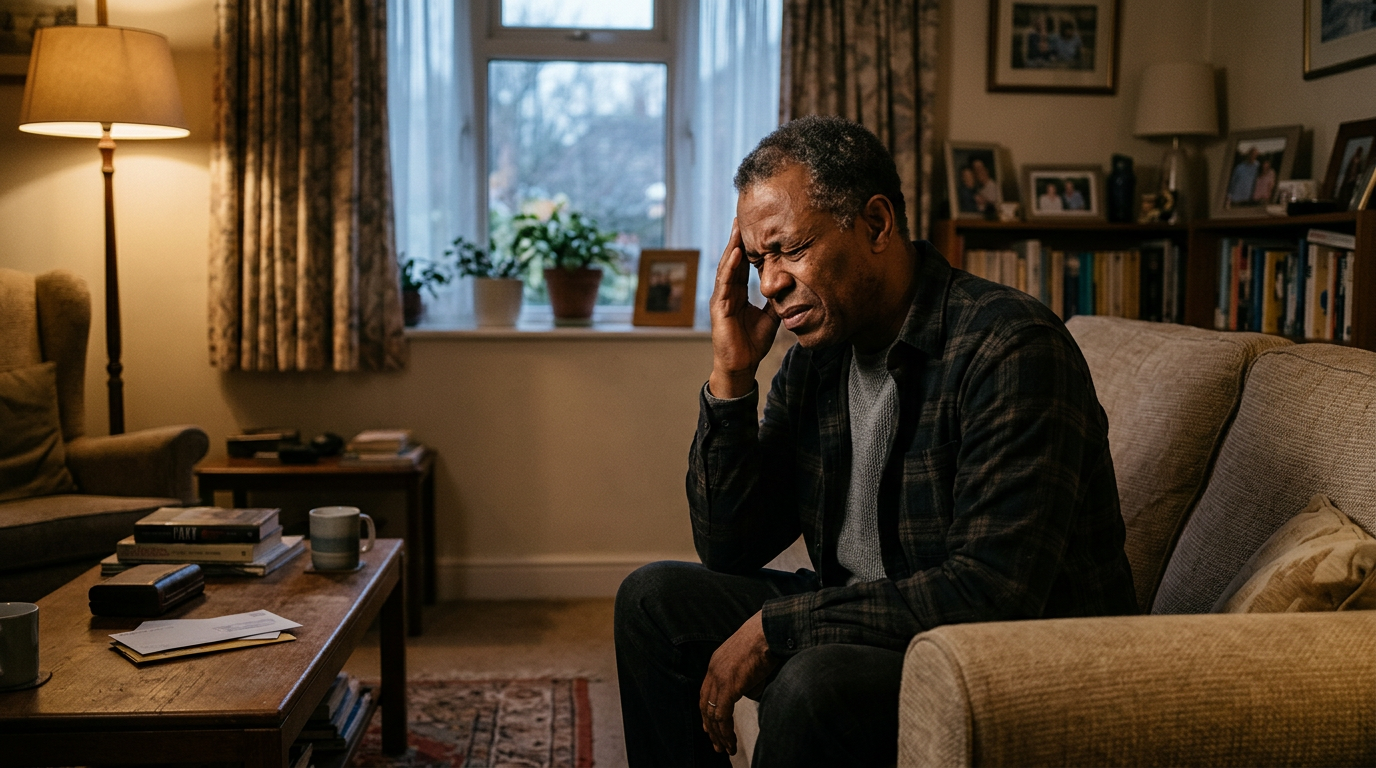 A veteran with a headache resting on his couch in a dim living room