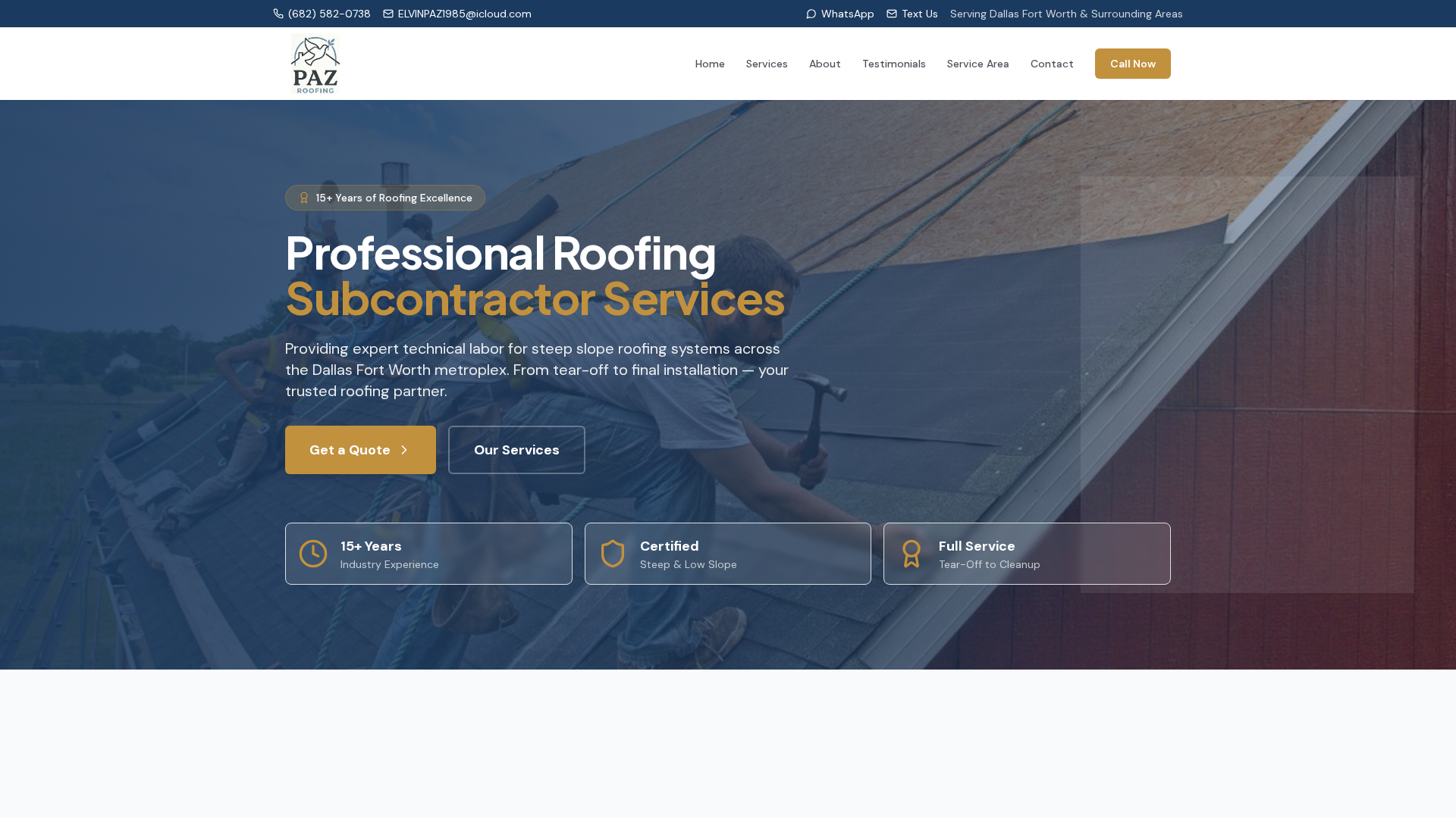 Live demo preview of Paz Roofing — a fully functional roofing subcontractor website built by Contractor Website Pros