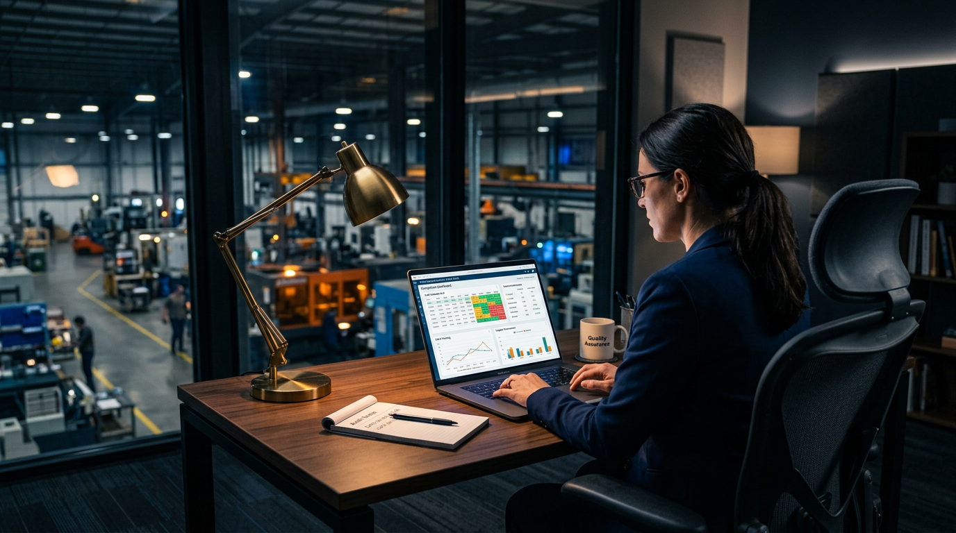 Quality manager reviewing a compliance dashboard with audit calendar and CAPA tracking