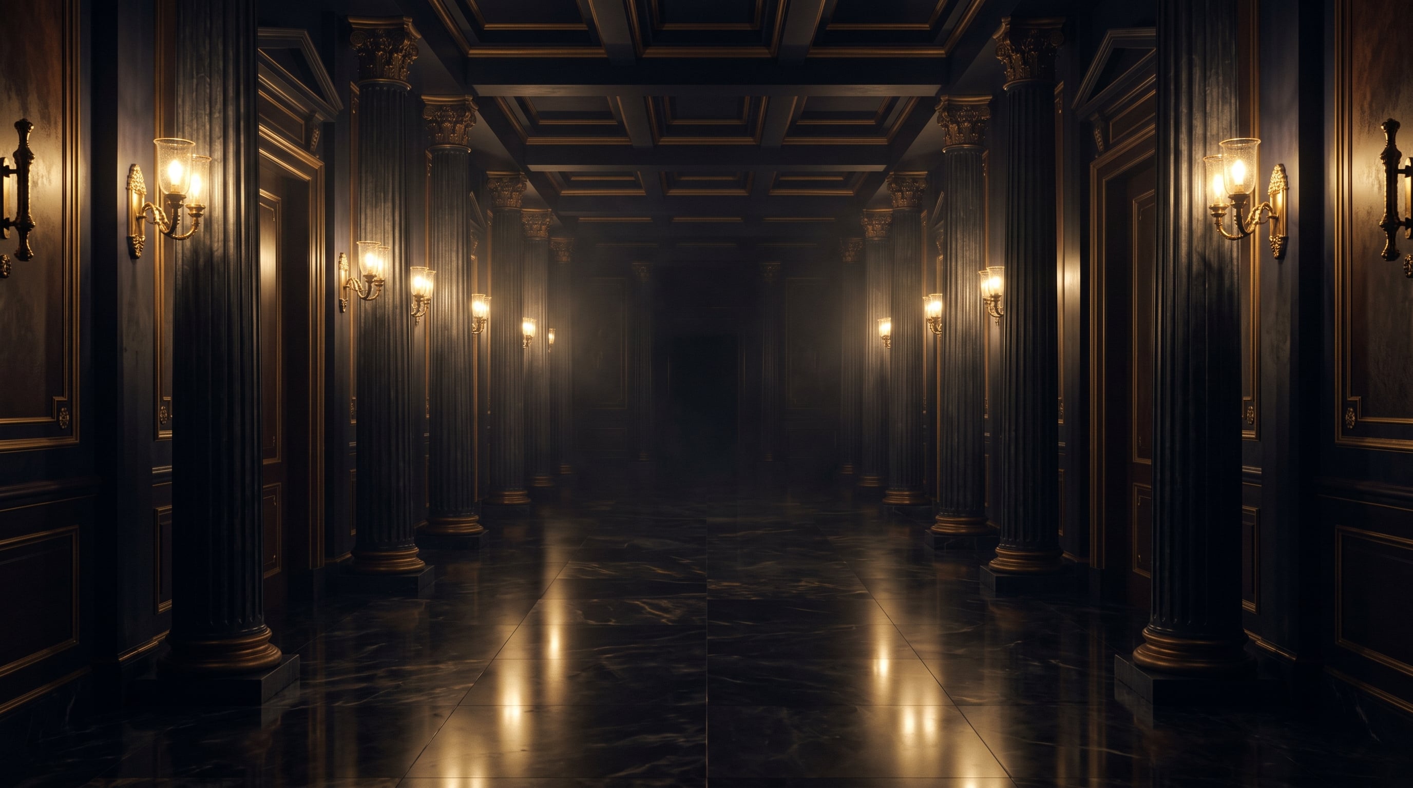 A dimly lit luxury hotel corridor with marble floors and classical columns