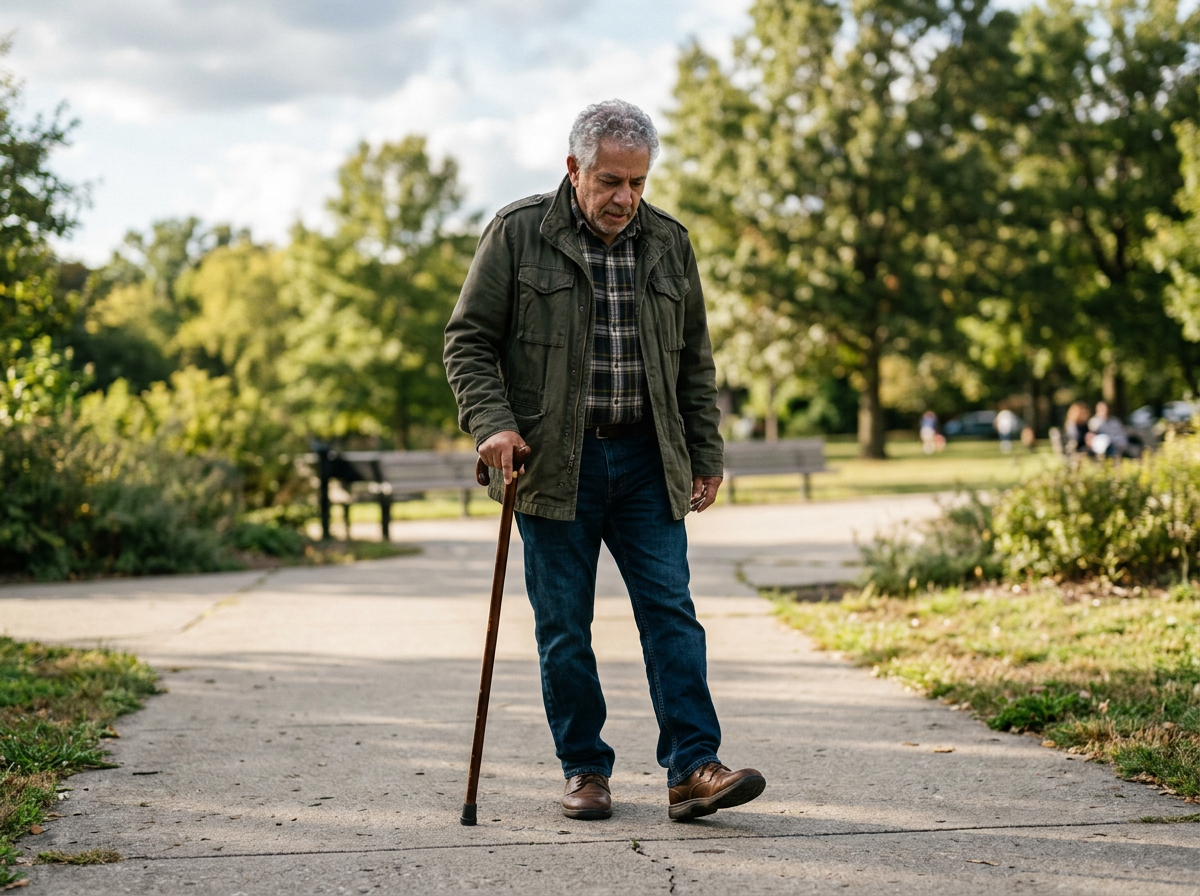 An older Hispanic male veteran using a walking cane with a visibly altered gait, favoring one ankle as he walks carefully on a flat outdoor path