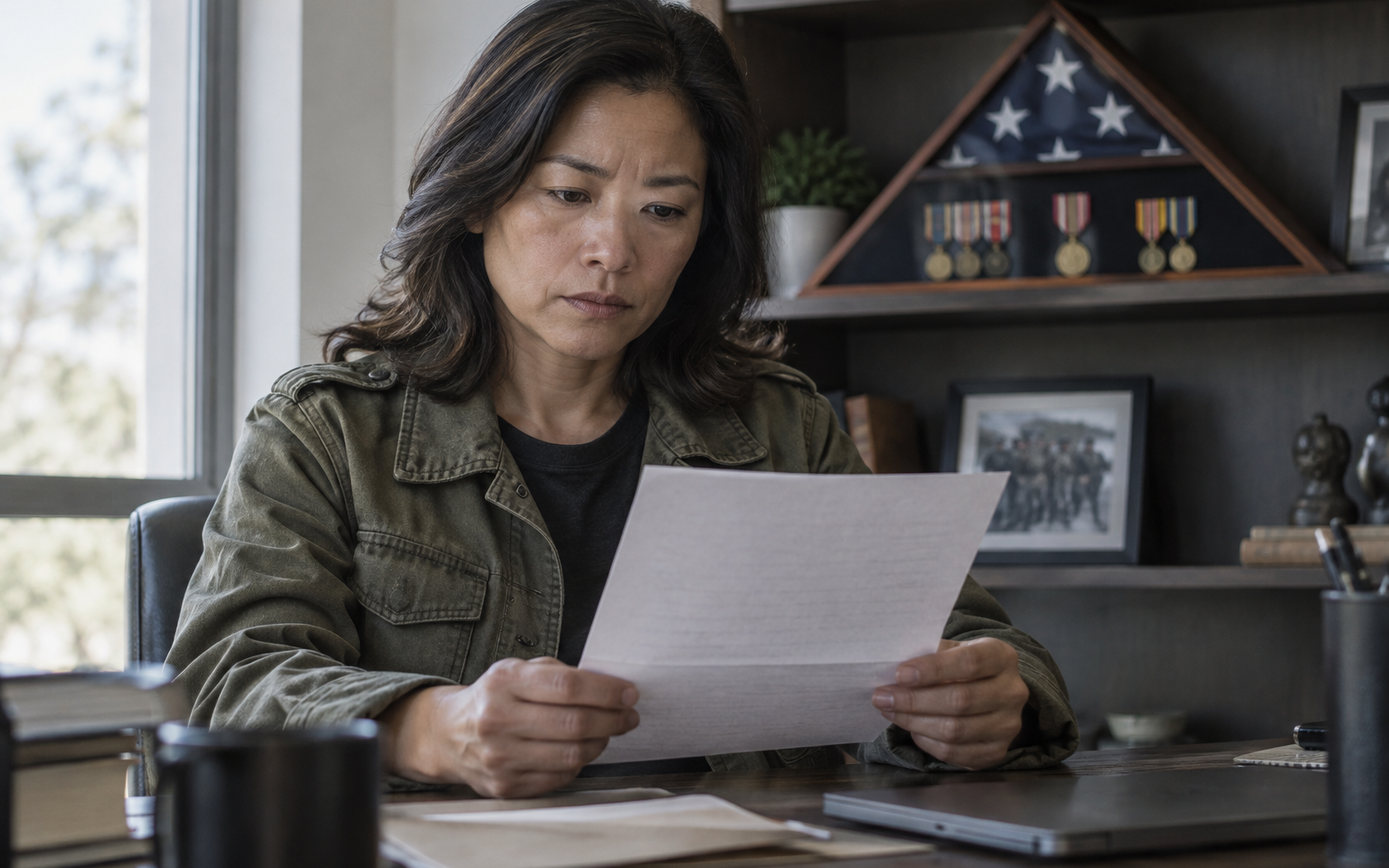 A woman veteran in a military field jacket reading a VA letter, a folded flag shadow box behind her