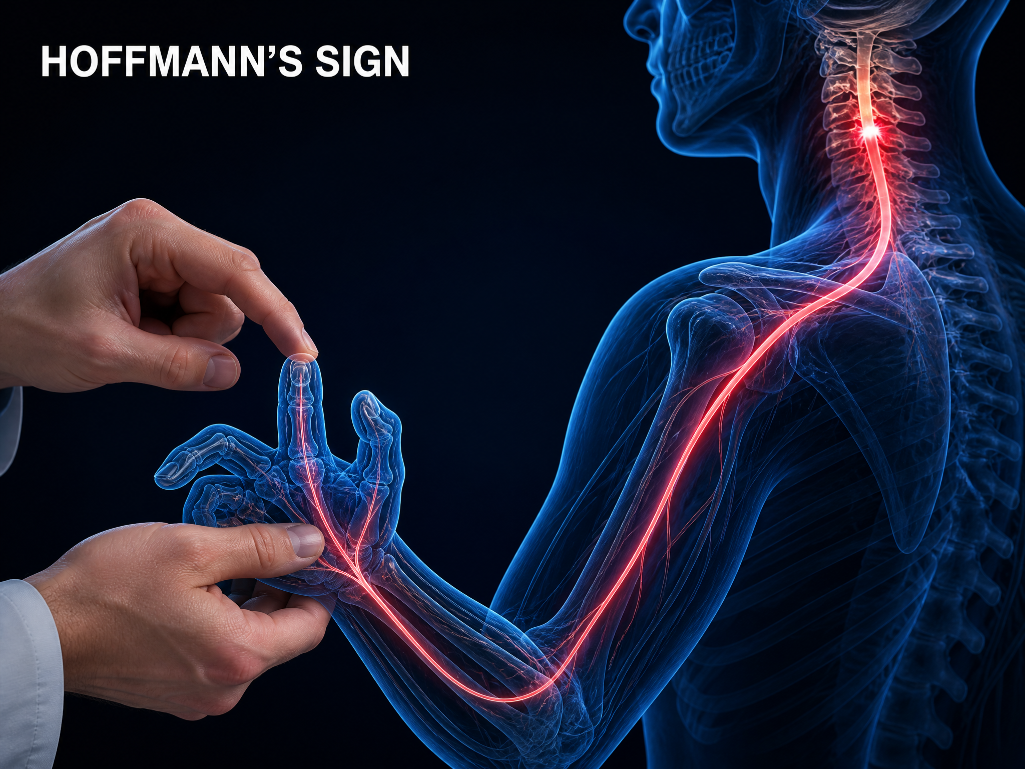 Anatomical illustration of the Hoffmann sign test, flicking the middle fingernail to produce a reflexive thumb and index finger curl