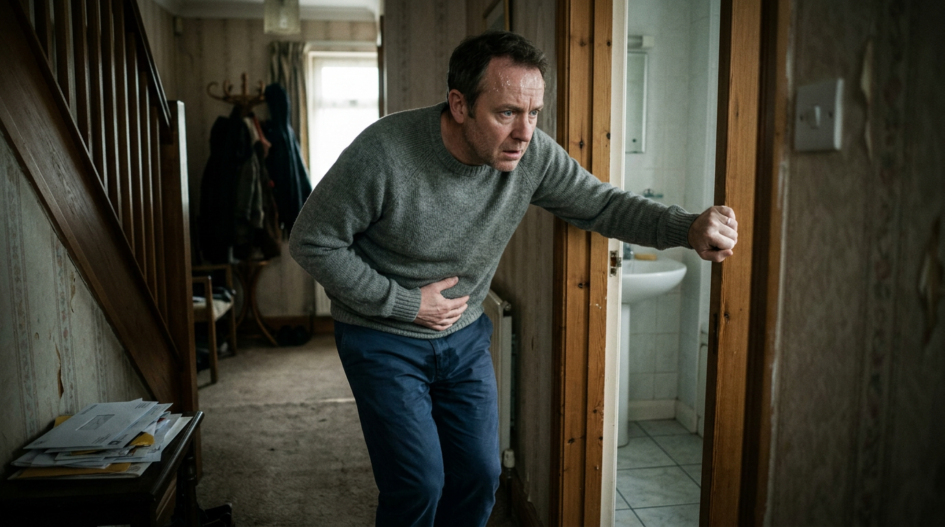 A distressed middle-aged man clutching his abdomen near a bathroom doorway at home, conveying loss of bladder control as a red-flag symptom