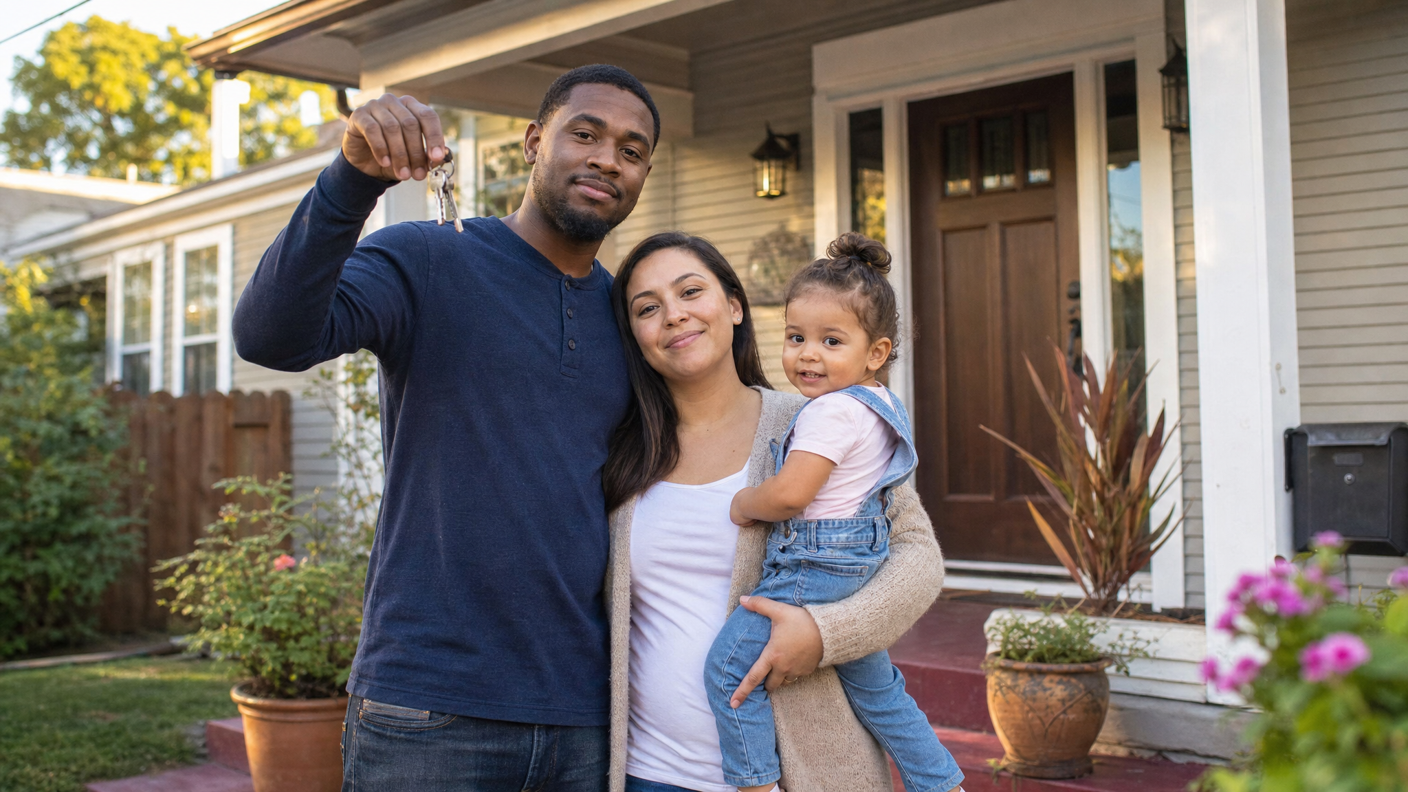 A veteran and his family holding the keys to their first home