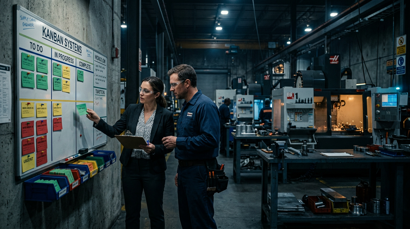 Supply chain engineer and supplier machinist reviewing a kanban board on a factory floor