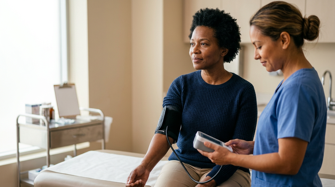 Woman veteran having her blood pressure taken by a nurse in a clinic exam room