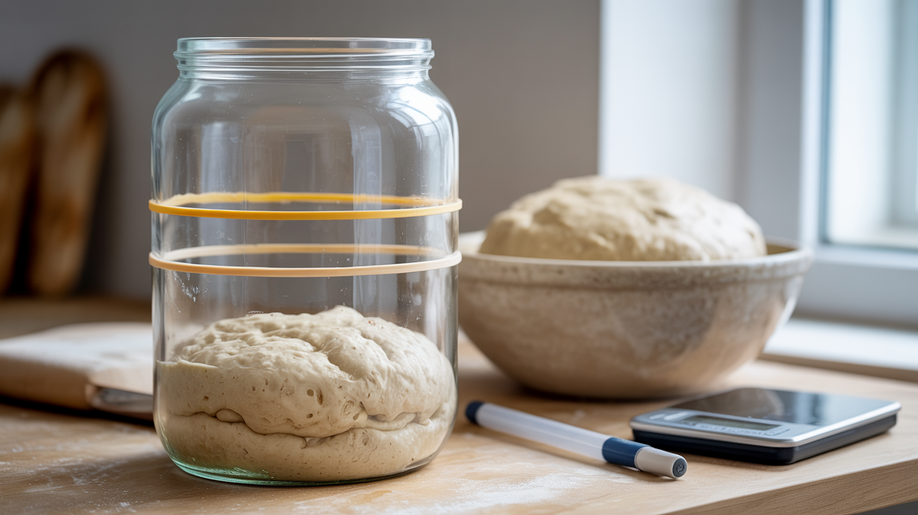 Clear glass jar containing sourdough dough with two rubber bands marking start and 75% rise target positions, alongside a ceramic bulk fermentation bowl, a digital scale, and a baker’s marker pen in bright natural window light